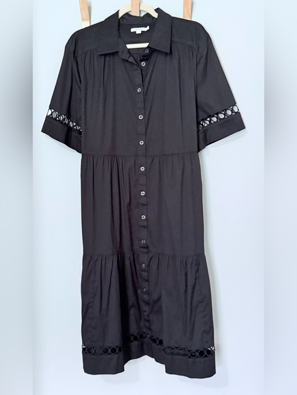 Chico’s Black Button-Front Midi Dress with Eyelet Trim